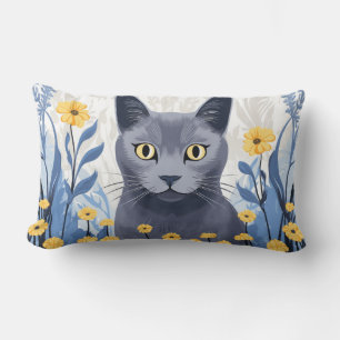 Russian Blue Cat Yellow Flowers Lumbar Pillow