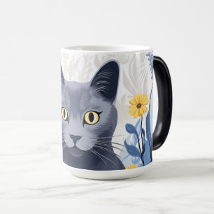 Russian Blue Cat Yellow Flowers Magic Mug
