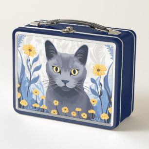 Russian Blue Cat Yellow Flowers Metal Lunch Box