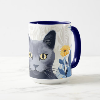 Russian Blue Cat Yellow Flowers Mug