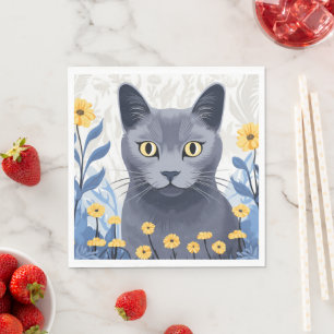 Russian Blue Cat Yellow Flowers Napkin