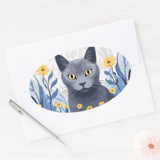 Russian Blue Cat Yellow Flowers Oval Sticker (Envelope)