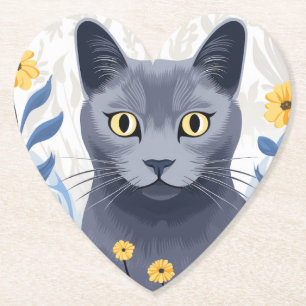 Russian Blue Cat Yellow Flowers Paper Coaster