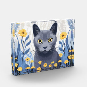 Russian Blue Cat Yellow Flowers Photo Block