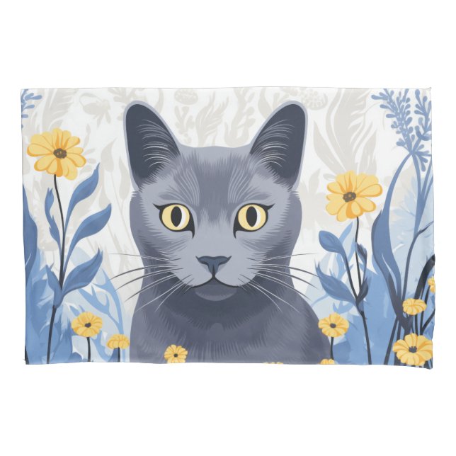 Russian Blue Cat Yellow Flowers Pillowcase (Front)
