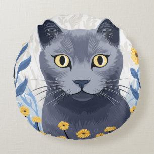 Russian Blue Cat Yellow Flowers Round Pillow