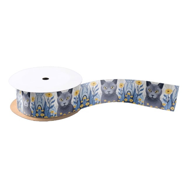 Russian Blue Cat Yellow Flowers Satin Ribbon (Spool)