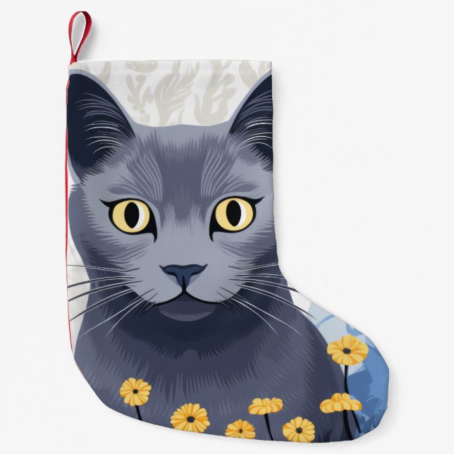 Russian Blue Cat Yellow Flowers Small Christmas Stocking (Front)