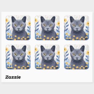 Russian Blue Cat Yellow Flowers Square Sticker