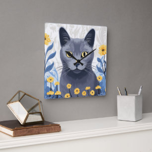 Russian Blue Cat Yellow Flowers Square Wall Clock
