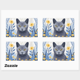 Russian Blue Cat Yellow Flowers Sticker