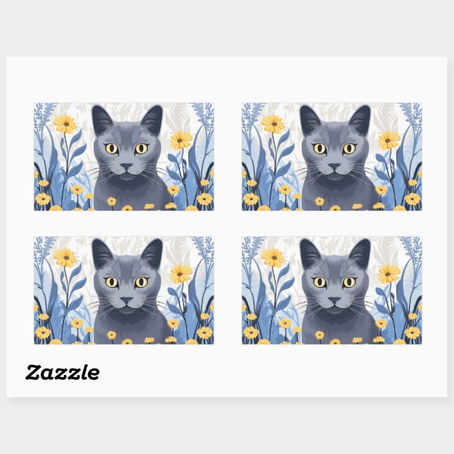Russian Blue Cat Yellow Flowers Sticker (Sheet)