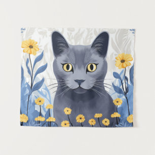 Russian Blue Cat Yellow Flowers Tapestry