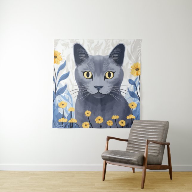 Russian Blue Cat Yellow Flowers Tapestry (In Situ)