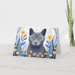 Russian Blue Cat Yellow Flowers Thank You Card