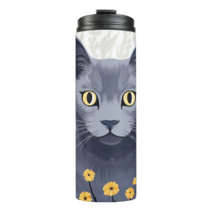 Russian Blue Cat Yellow Flowers Thermal Tumbler