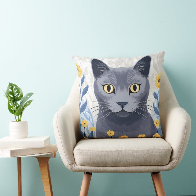Russian Blue Cat Yellow Flowers Throw Pillow (Chair)