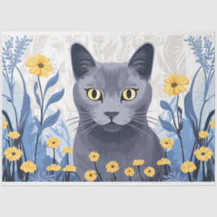 Russian Blue Cat Yellow Flowers Tissue Paper