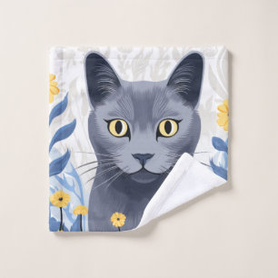 Russian Blue Cat Yellow Flowers Wash Cloth