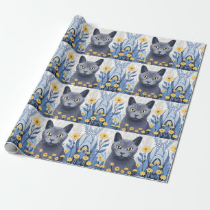 Russian Blue Cat Yellow Flowers Wrapping Paper