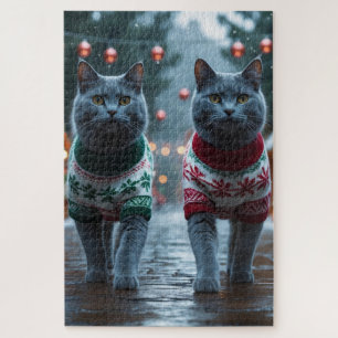 Russian Blue Cats Christmas Snow Holiday  Jigsaw Puzzle