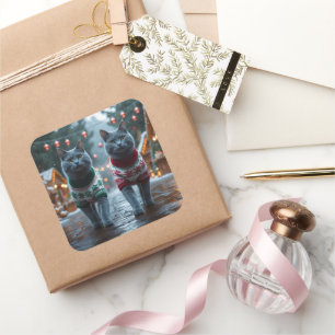 Russian Blue Cats Christmas Snow Holiday  Square Sticker