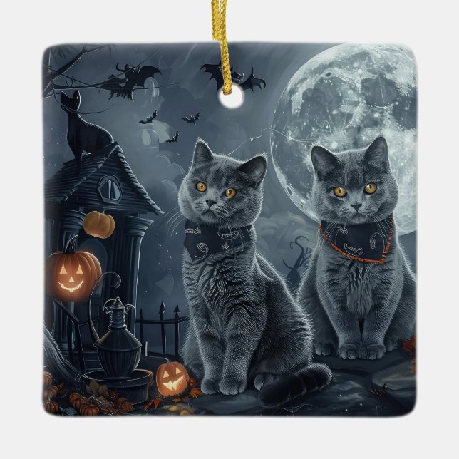Russian Blue Cats Halloween Spooky Ceramic Ornament (Front)