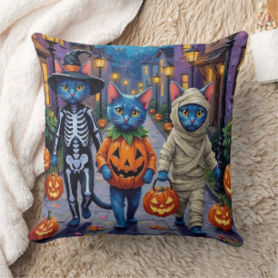 Russian Blue Cats in Halloween Costumes Throw Pillow