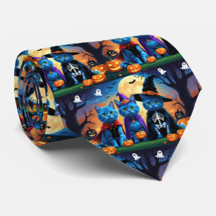 Russian Blue Cats Pumpkin Halloween Funny Tie