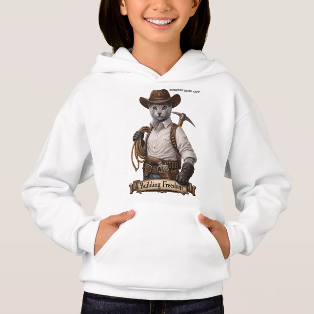 Russian Blue Cowboy Cat – Building Freedom (Front)