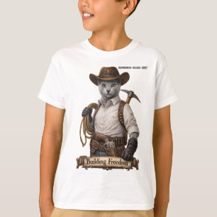 Russian Blue Cowboy Cat – Building Freedom T-Shirt