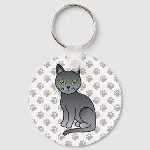 Russian Blue Cute Cartoon Cat Illustration & Paws Keychain