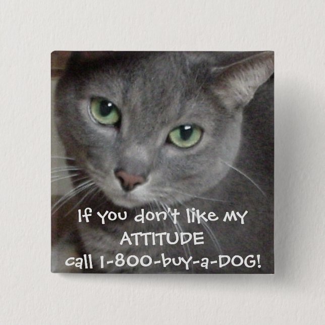 Russian Blue Grey Cat Attitude Humour 2 Inch Square Button (Front)