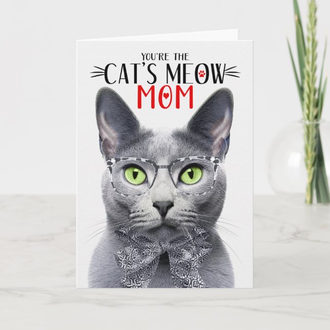 Russian Blue Grey Cat for Mom on Mother's Day Holiday Card (Front)