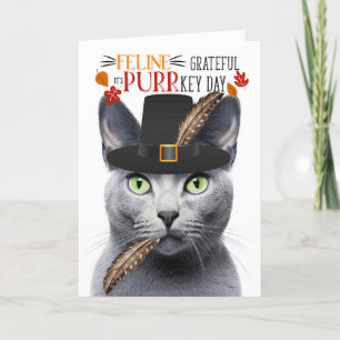 Russian Blue Grey Cat Grateful for PURRkey Day Holiday Card