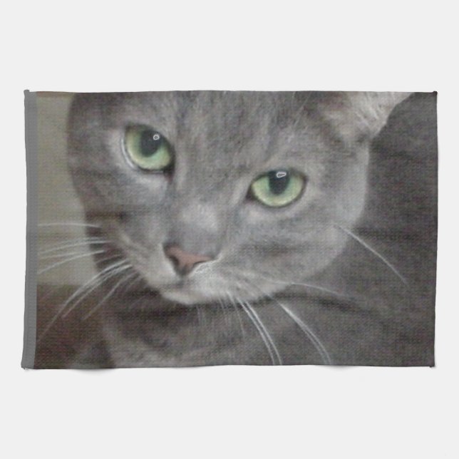 Russian Blue Grey Cat Kitchen Towel (Horizontal)