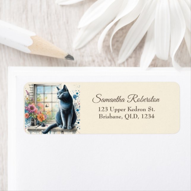 Russian Blue Grey Cat on Window Summer Flower (Insitu)