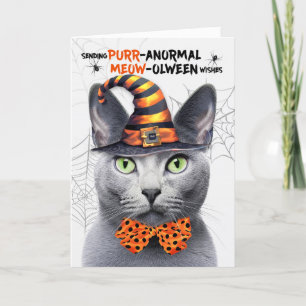 Russian Blue Grey Cat PURRanormal MEOWolween Holiday Card