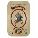 Russian Bogatyr Beer Photo Sculpture Magnet<br><div class="desc">A label from a bottle of mythical Russian Bogatyr beer; brewed in Novogorod since 1887. Add your own text. The label depicts a battle between a Russian bogatyr and an Asiatic warrior, both on horseback. Cyrillic (Russian) text reading "Богатырь"(Bogatyr) appears in red. Additional text at the top reads, "Otbornoe" (Select),...</div>