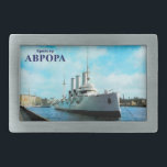 Russian Cruiser Aurora Rectangular Belt Buckle<br><div class="desc">A digital rendering of the Russian Cruiser Aurora moored in the Neva river at St. Petersburg. Cyrillic text reading "Kreiser AVRORA" (The Cruiser AURORA) also appears. The Aurora is an iconic symbol of the Russian October Revolution of 1917. At the time of the earlier February Revolution the Aurora was docked...</div>