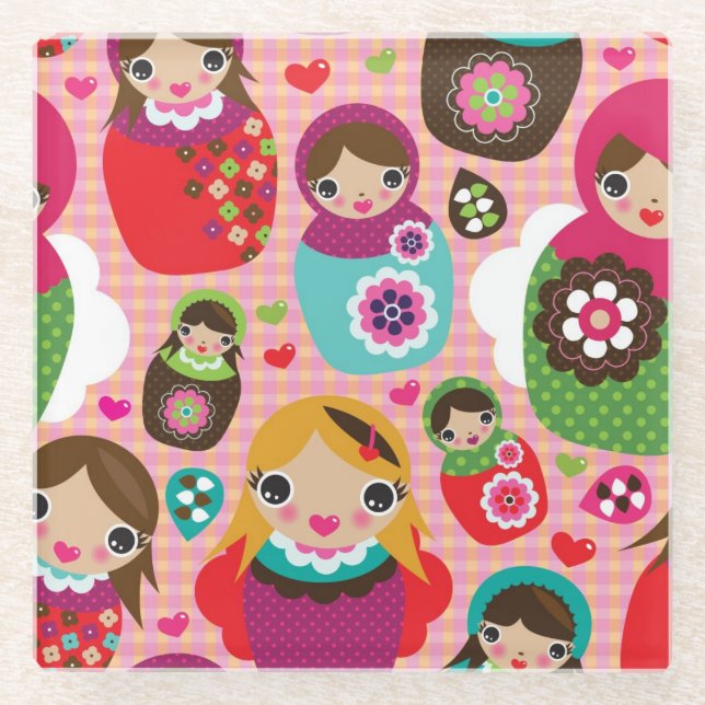 Russian doll illustration background glass coaster (Front)