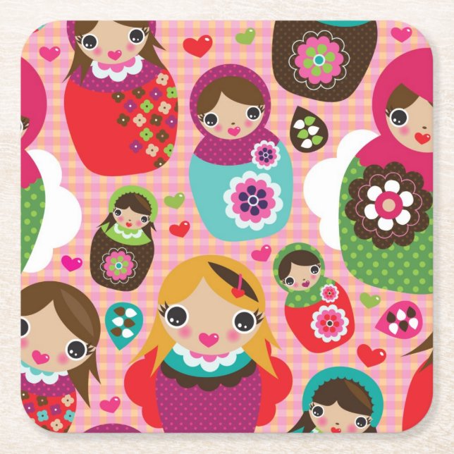 Russian doll illustration background square paper coaster (Front)