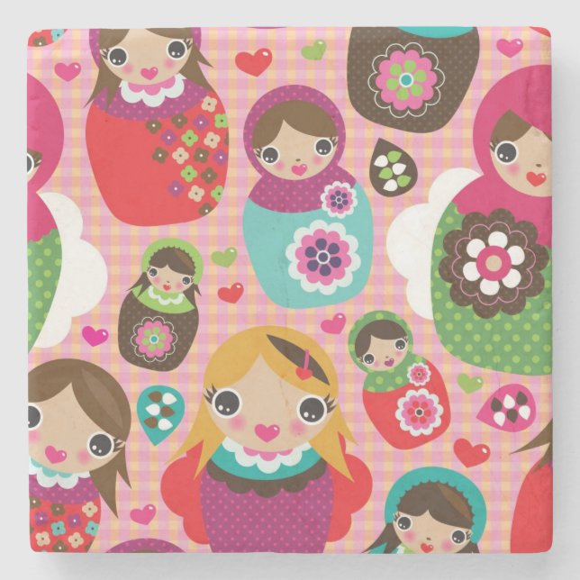 Russian doll illustration background stone coaster (Front)