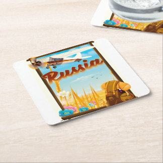 Russian Farm landscape cartoon travel poster Square Paper Coaster