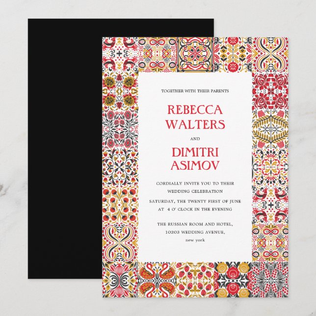 Russian Folk Art  Khokhloma Border  Wedding Invitation (Front/Back)
