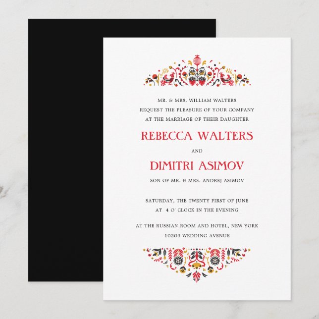 Russian Folk Art  Khokhloma Flower Formal Wedding Invitation (Front/Back)