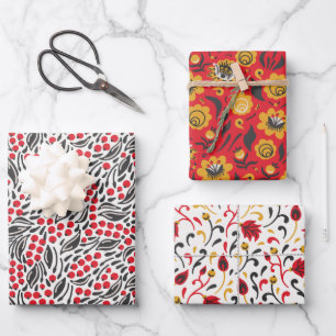 Russian Folk Art Red Berries Black Foliage YELLOW  Wrapping Paper Sheet