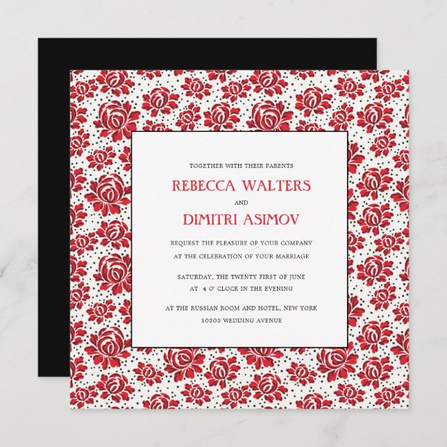 Russian  Folk Art Red Flowers Wedding Invita Invitation (Front/Back)
