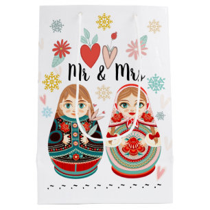 Russian Matryoshka Dolls Mr & Mrs Personalized Medium Gift Bag