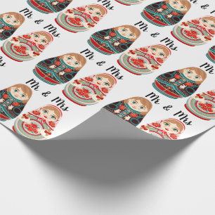 Russian Matryoshka Dolls  Mr & Mrs pink navy & red Wrapping Paper